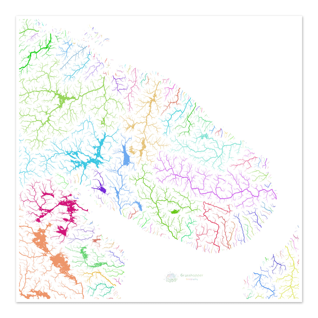 La península de Kola - Mapa de la cuenca fluvial, arco iris sobre blanco - Impresión de bellas artes