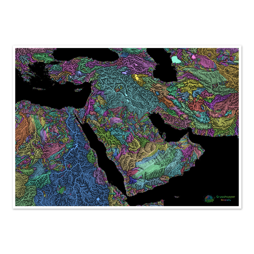 Oriente Medio - Mapa de la cuenca fluvial, pastel sobre negro - Impresión de Bellas Artes