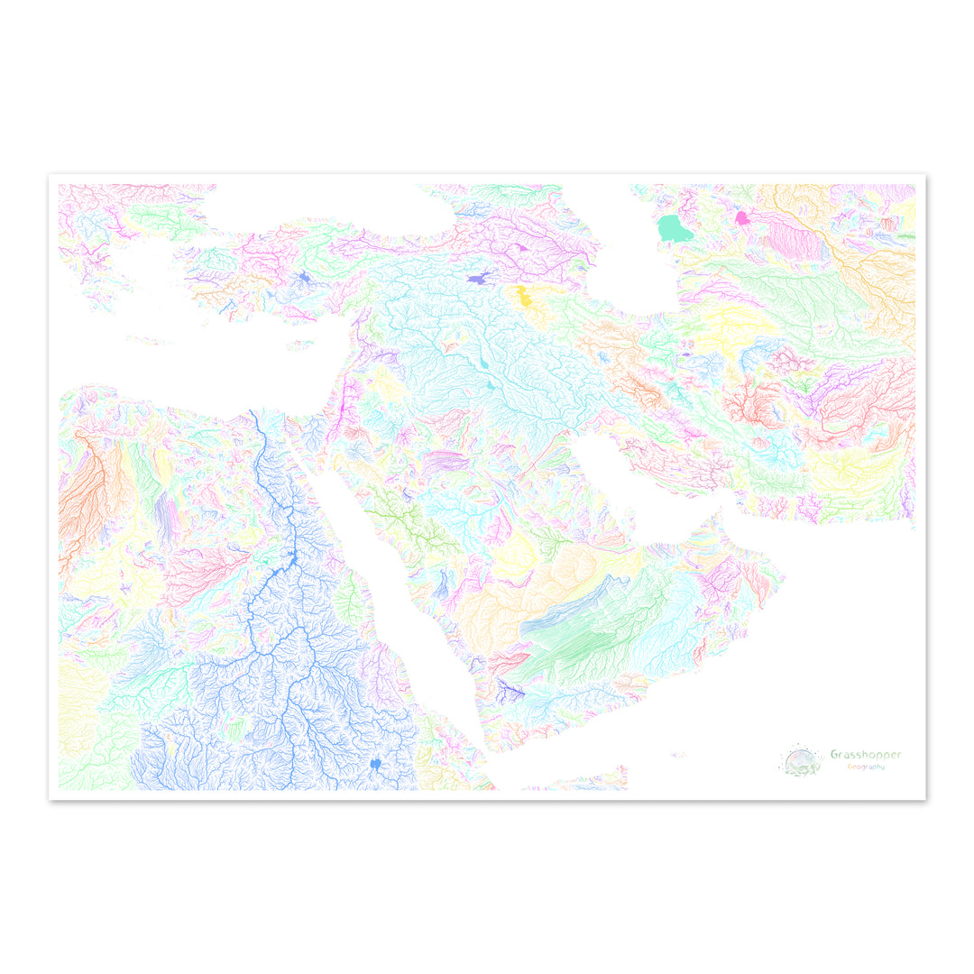 Oriente Medio - Mapa de la cuenca fluvial, pastel sobre blanco - Impresión de Bellas Artes