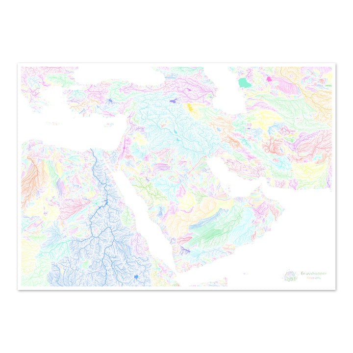Le Moyen-Orient - Carte des bassins fluviaux, pastel sur blanc - Fine Art Print