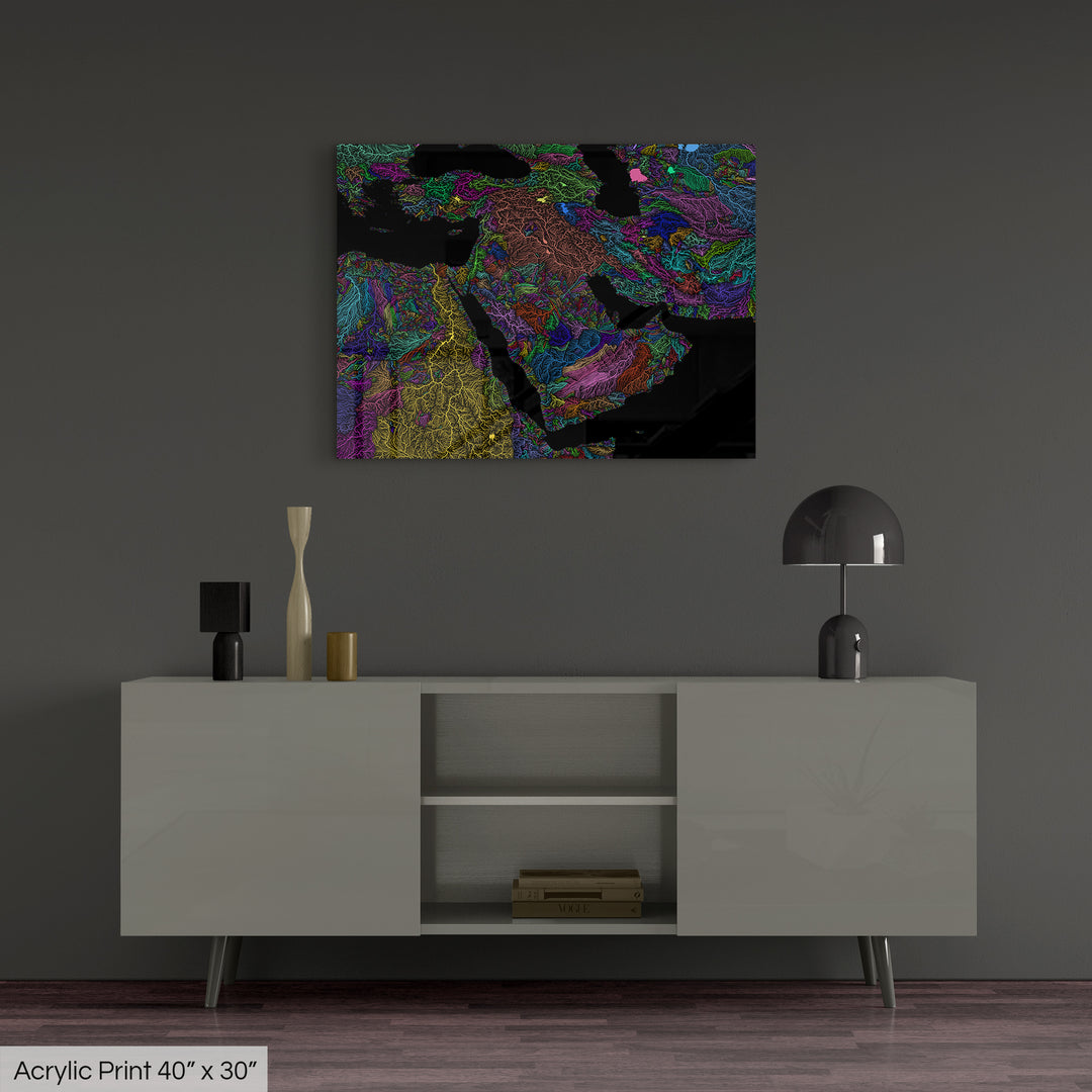 Middle East - River basin map, rainbow colours - Wall Art
