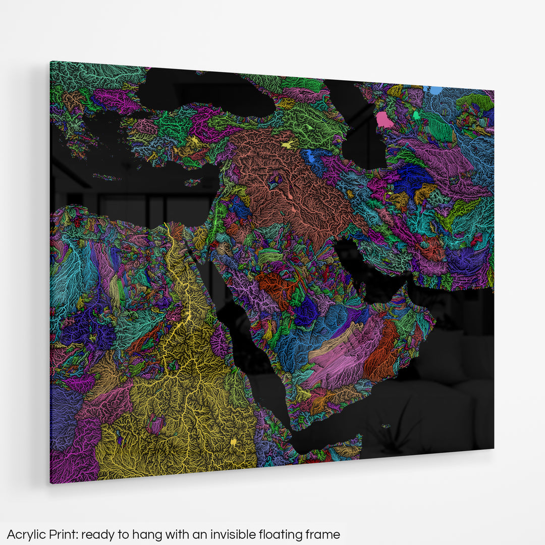 Middle East - River basin map, rainbow colours - Wall Art