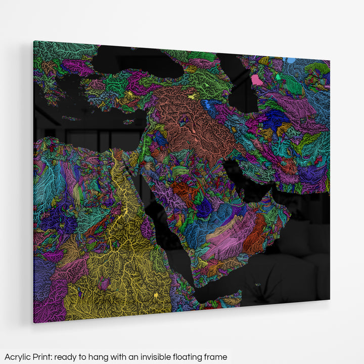 Middle East - River basin map, rainbow colours - Wall Art