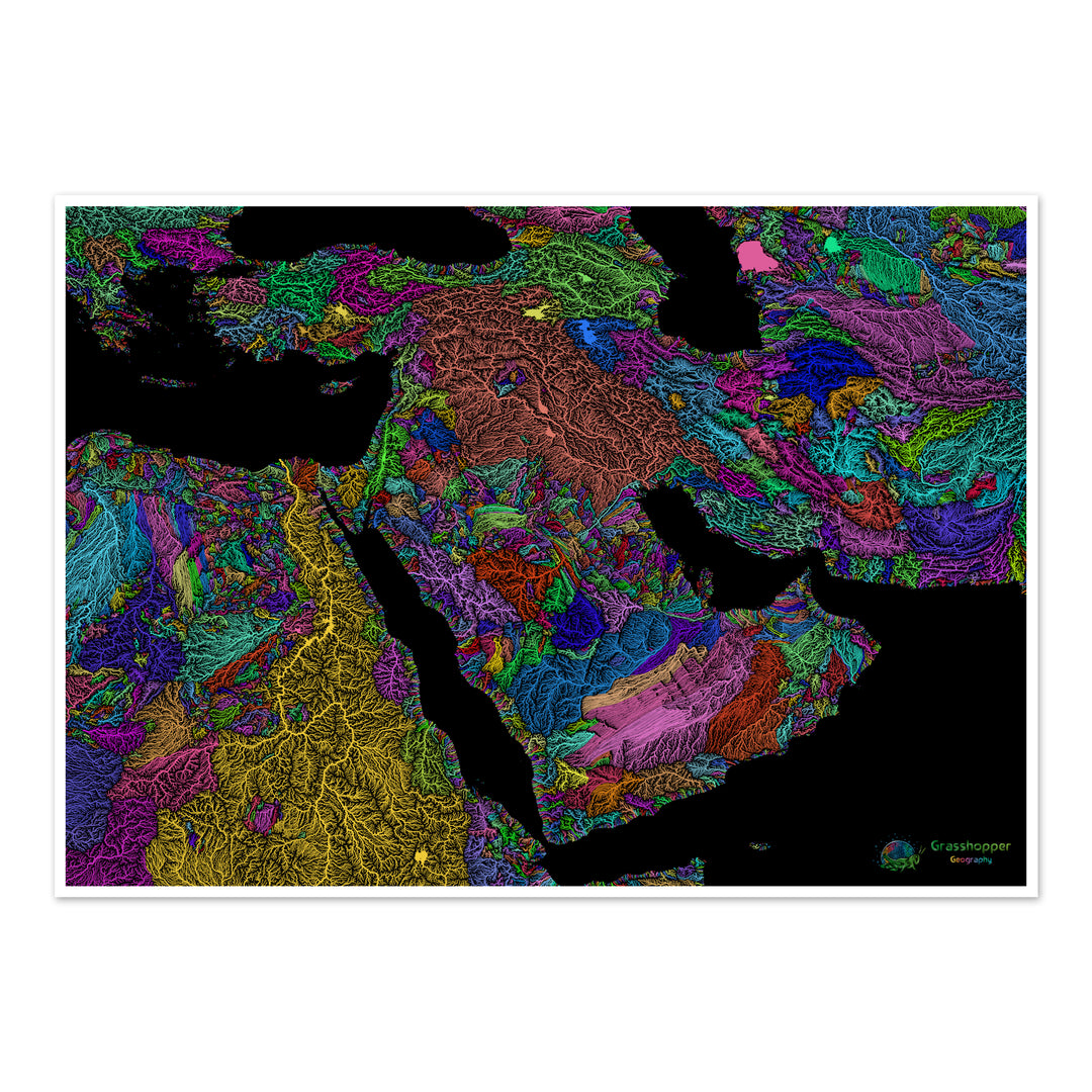 Le Moyen-Orient - Carte des bassins fluviaux, arc-en-ciel sur noir - Fine Art Print