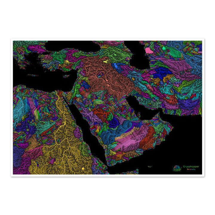 Oriente Medio - Mapa de cuencas fluviales, arco iris sobre negro - Impresión de bellas artes