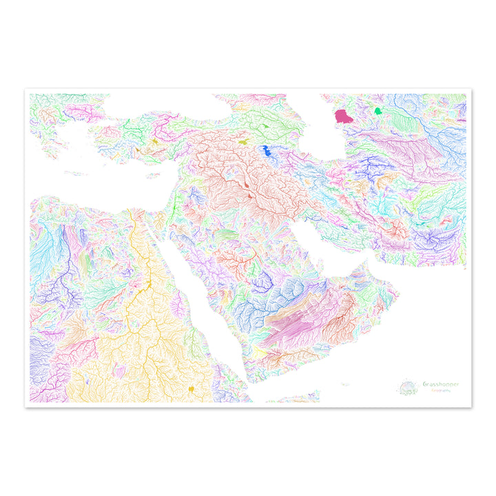 Le Moyen-Orient - Carte des bassins fluviaux, arc-en-ciel sur blanc - Fine Art Print