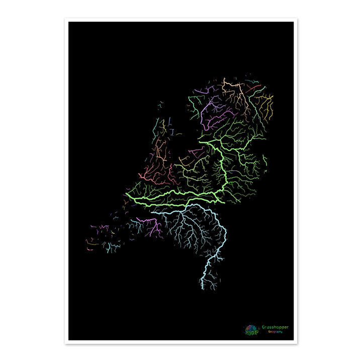 River basin map of the Netherlands, pastel colours on black - Fine Art Print