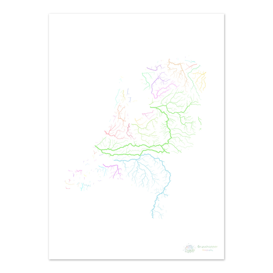 Países Bajos - Mapa de la cuenca fluvial, pastel sobre blanco - Impresión de bellas artes