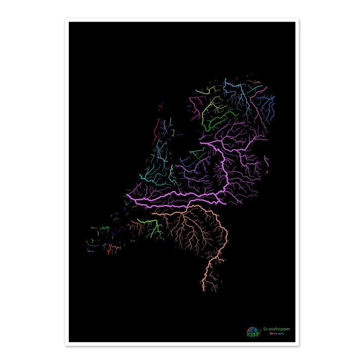 The NeTherlands - River basin map, rainbow on black - Fine Art Print