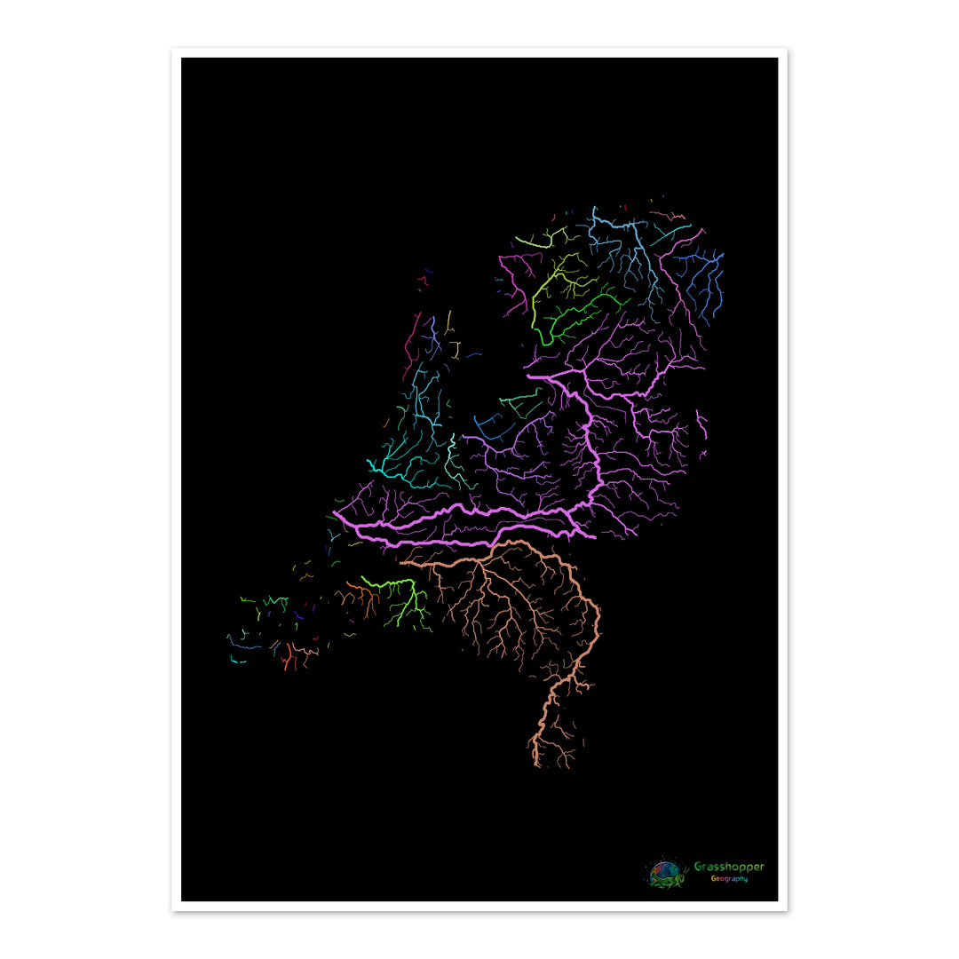 Países Bajos - Mapa de cuencas fluviales, arco iris sobre negro - Impresión de bellas artes