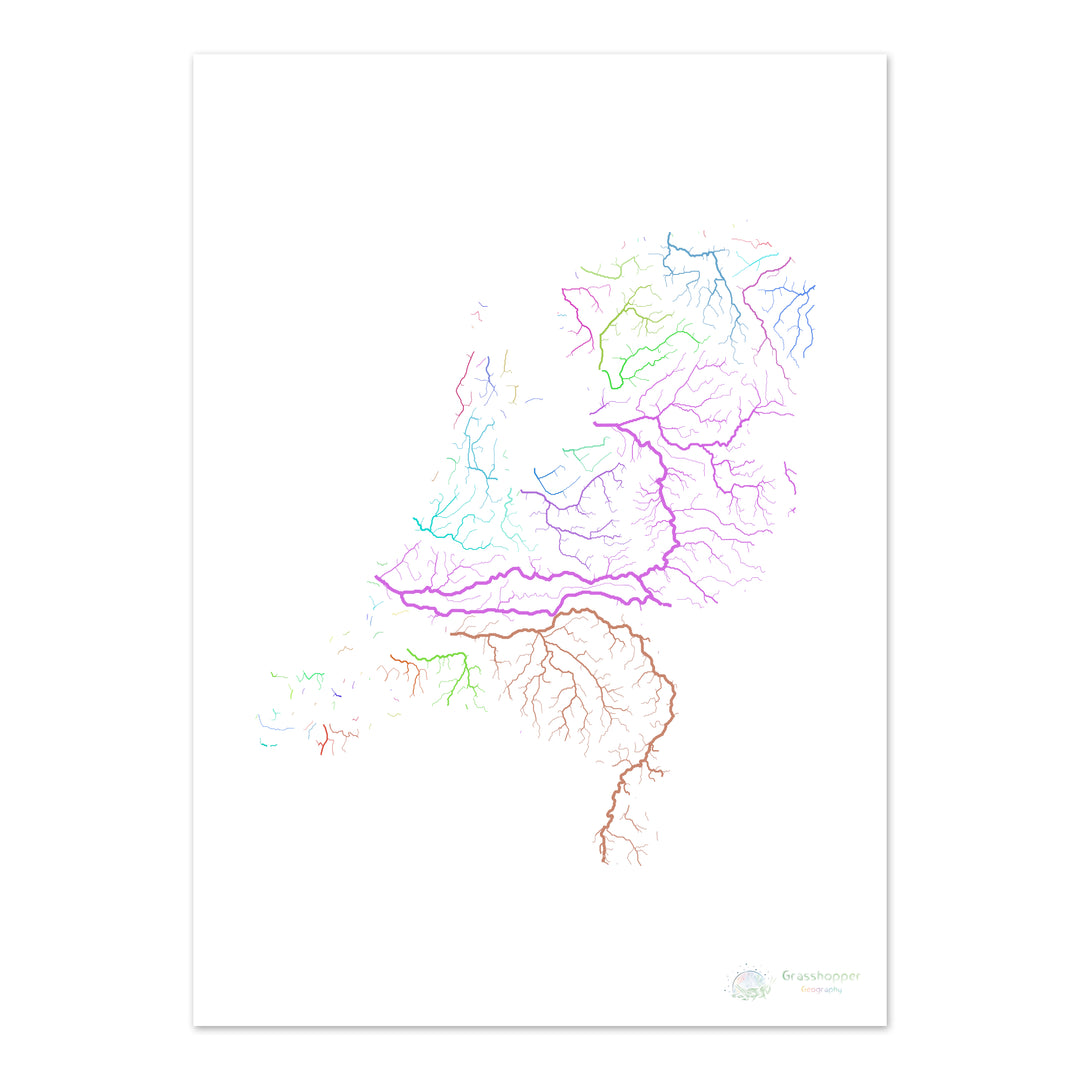 Países Bajos - Mapa de cuencas fluviales, arco iris sobre blanco - Impresión de bellas artes