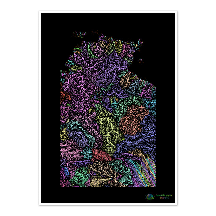 Territoire du Nord - Carte des bassins fluviaux, pastel sur noir - Fine Art Print