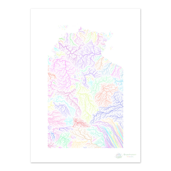 Territoire du Nord - Carte des bassins fluviaux, pastel sur blanc - Fine Art Print