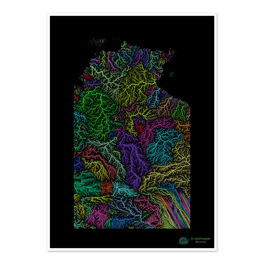 River basin map of the Northern Territory, rainbow colours on black - Fine Art Print