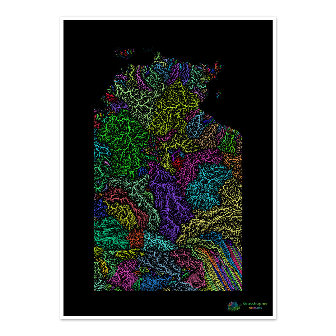 Território do Norte - Mapa da bacia hidrográfica, arco-íris em preto - Impressão de belas artes
