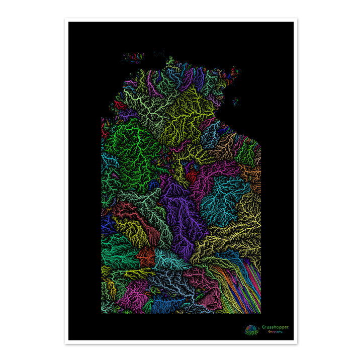 Território do Norte - Mapa da bacia hidrográfica, arco-íris em preto - Impressão de belas artes