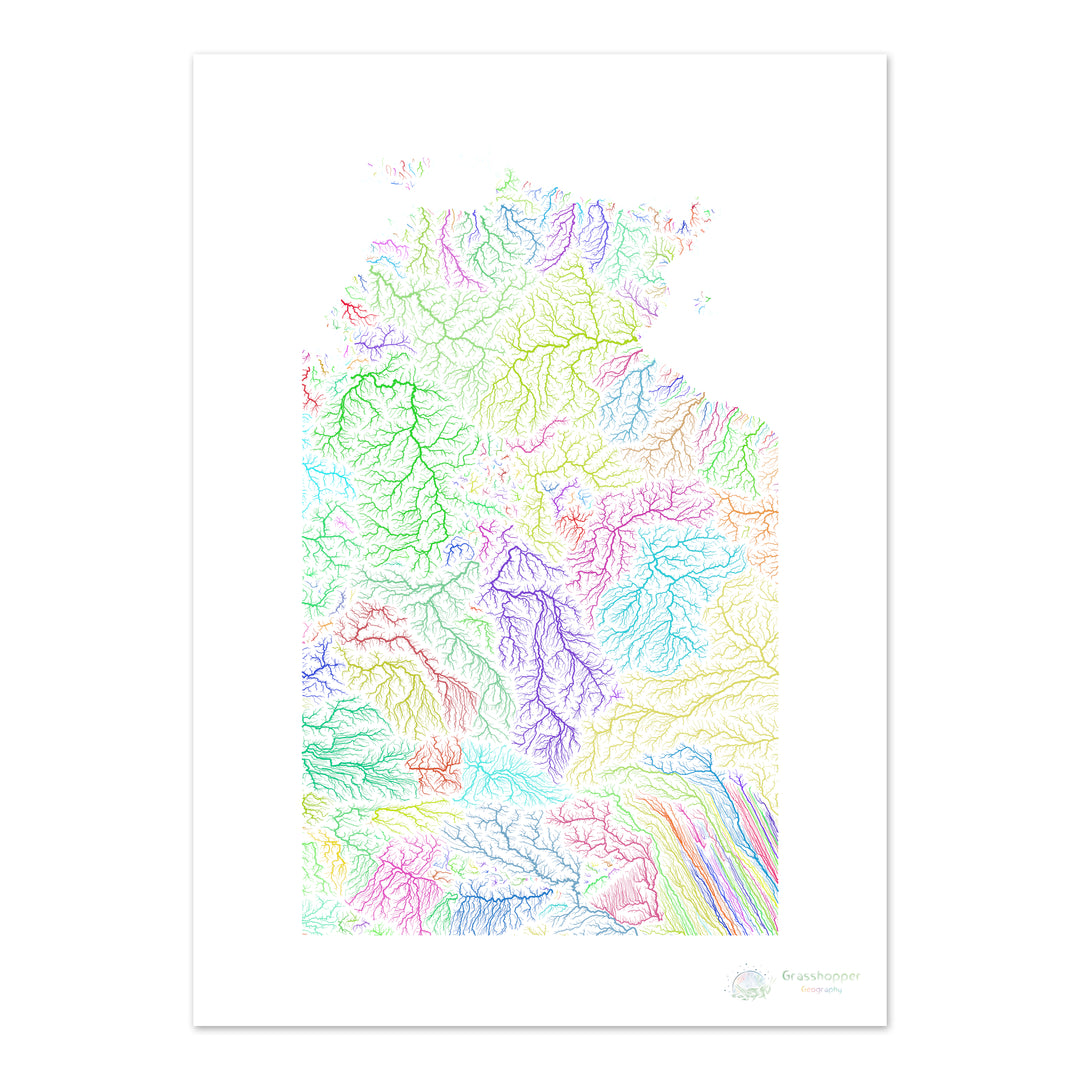 Território do Norte - Mapa da bacia hidrográfica, arco-íris em branco - Impressão de belas artes