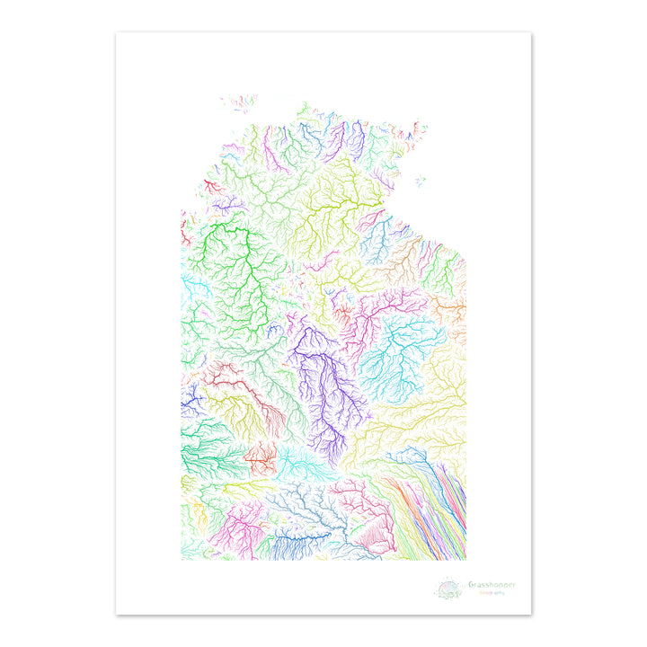 El Territorio del Norte - Mapa de la cuenca fluvial, arco iris sobre blanco - Impresión de Bellas Artes