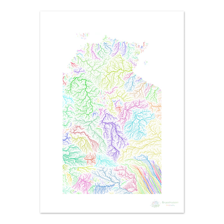Território do Norte - Mapa da bacia hidrográfica, arco-íris em branco - Impressão de belas artes