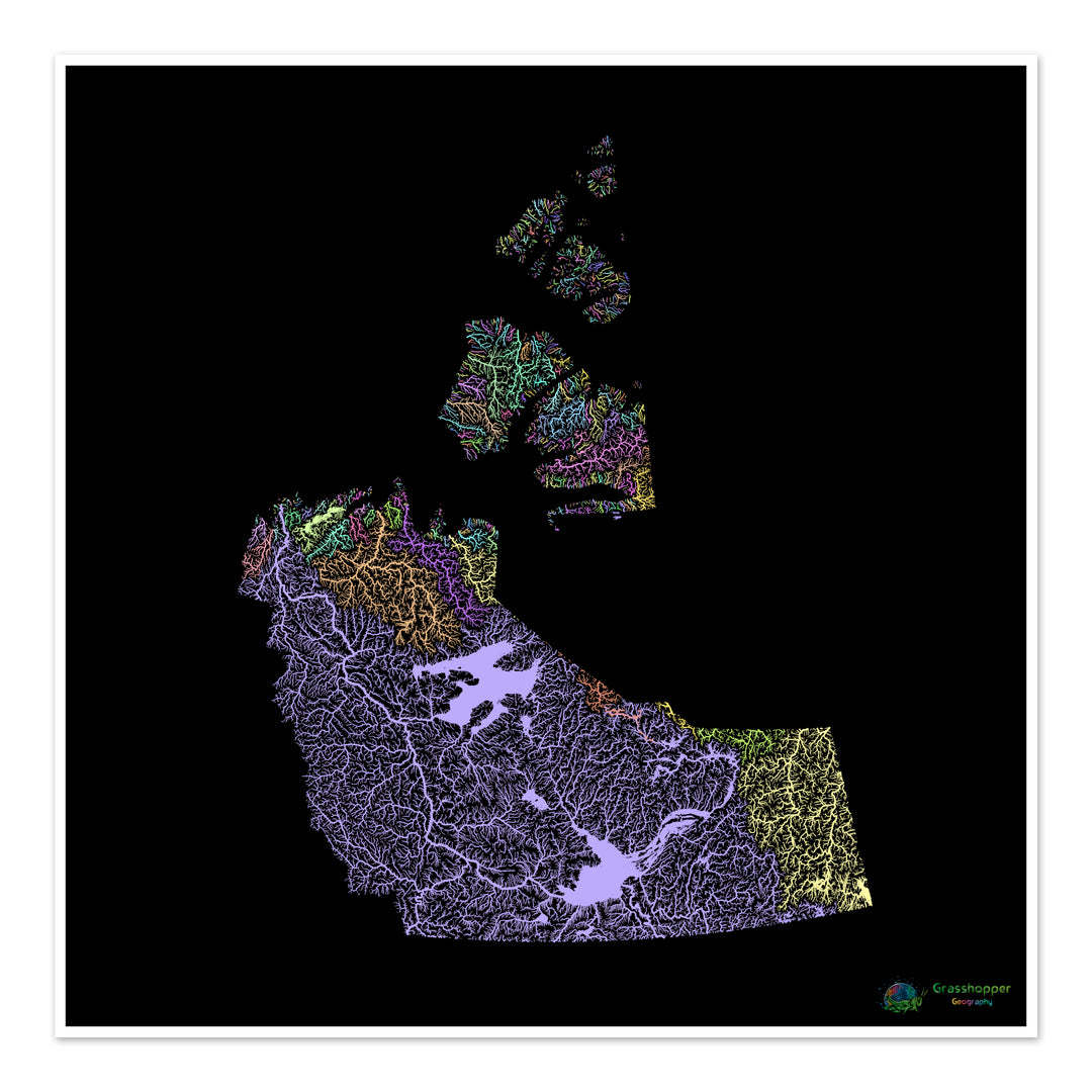 Territoires du Nord-Ouest - Carte des bassins fluviaux, pastel sur noir - Fine Art Print