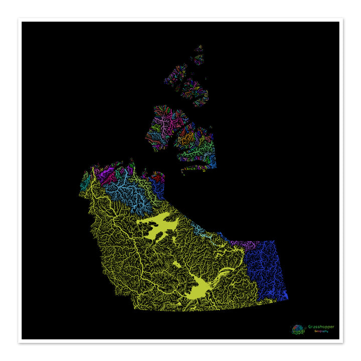 Los Territorios del Noroeste - Mapa de la cuenca fluvial, arco iris sobre negro - Impresión de Bellas Artes