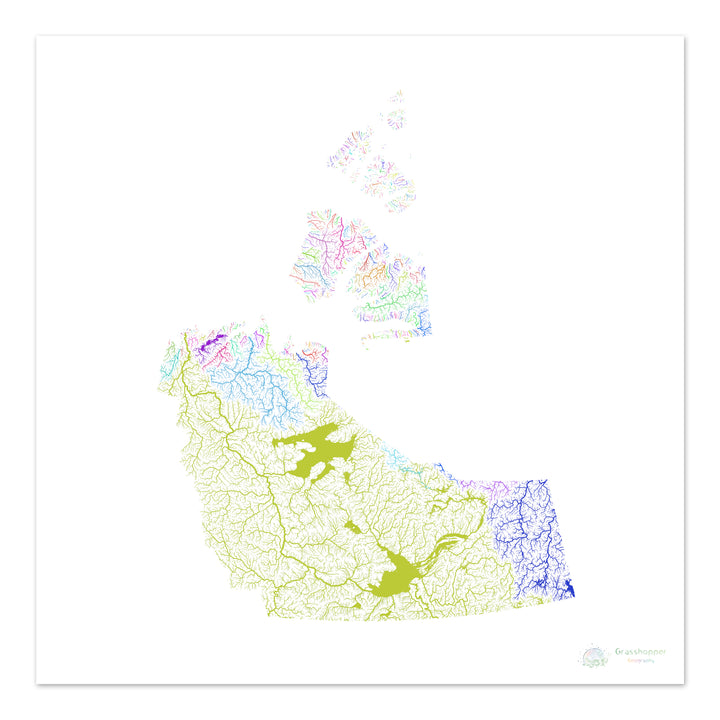 Los Territorios del Noroeste - Mapa de la cuenca fluvial, arco iris sobre blanco - Impresión de Bellas Artes