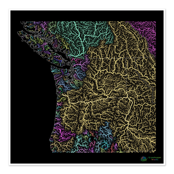El noroeste del Pacífico - Mapa de la cuenca fluvial, pastel sobre negro - Impresión de bellas artes