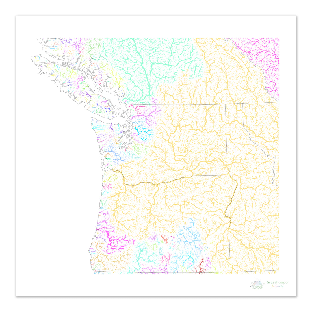 El noroeste del Pacífico - Mapa de la cuenca fluvial, pastel sobre blanco - Impresión de bellas artes