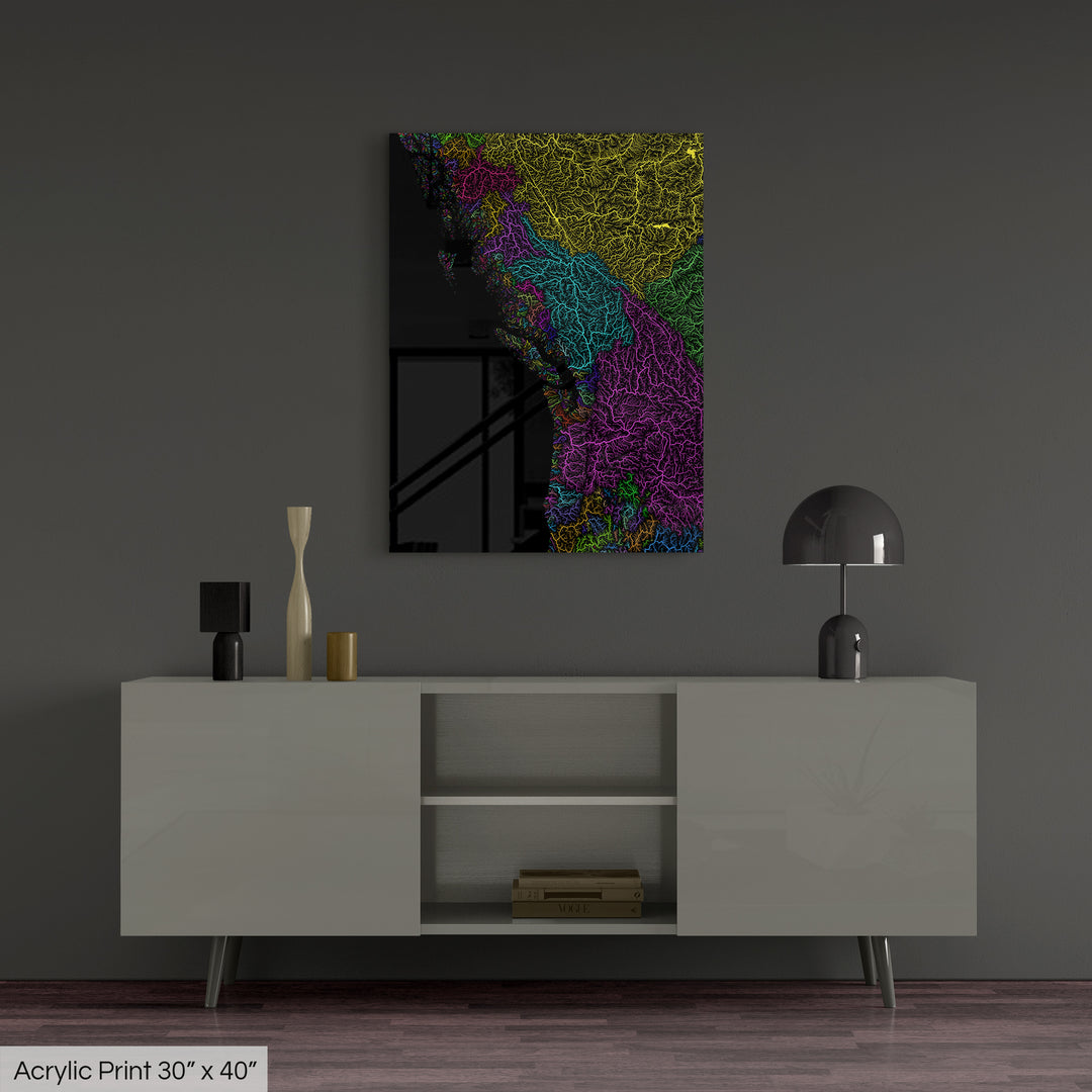 Pacific Northwest - River basin map, rainbow colours - Wall Art
