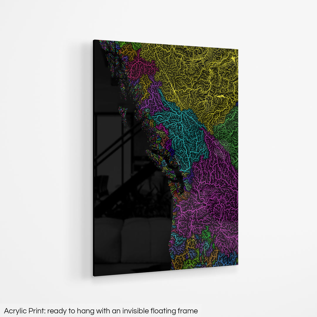 Pacific Northwest - River basin map, rainbow colours - Wall Art