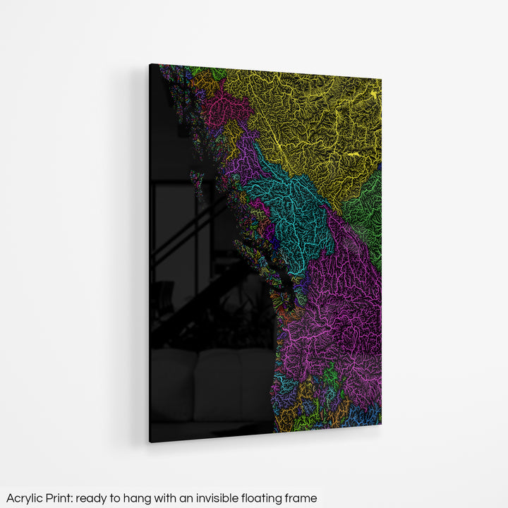 Pacific Northwest - River basin map, rainbow colours - Wall Art