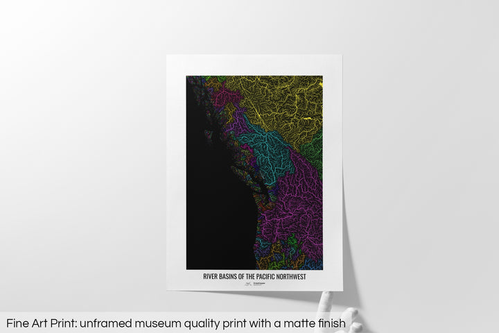 Pacific Northwest - River basin map, rainbow colours - Wall Art