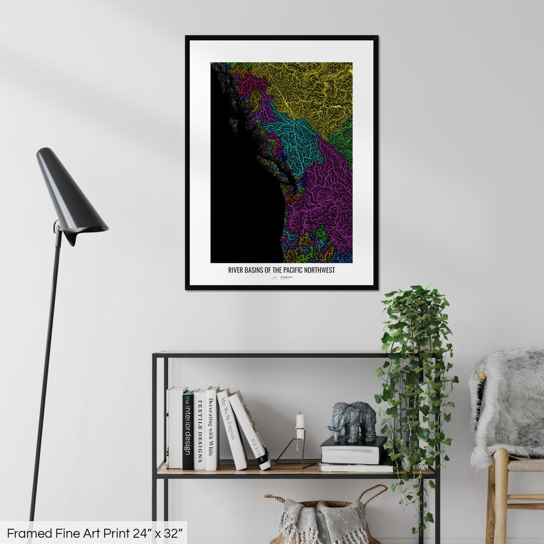 Pacific Northwest - River basin map, rainbow colours - Wall Art