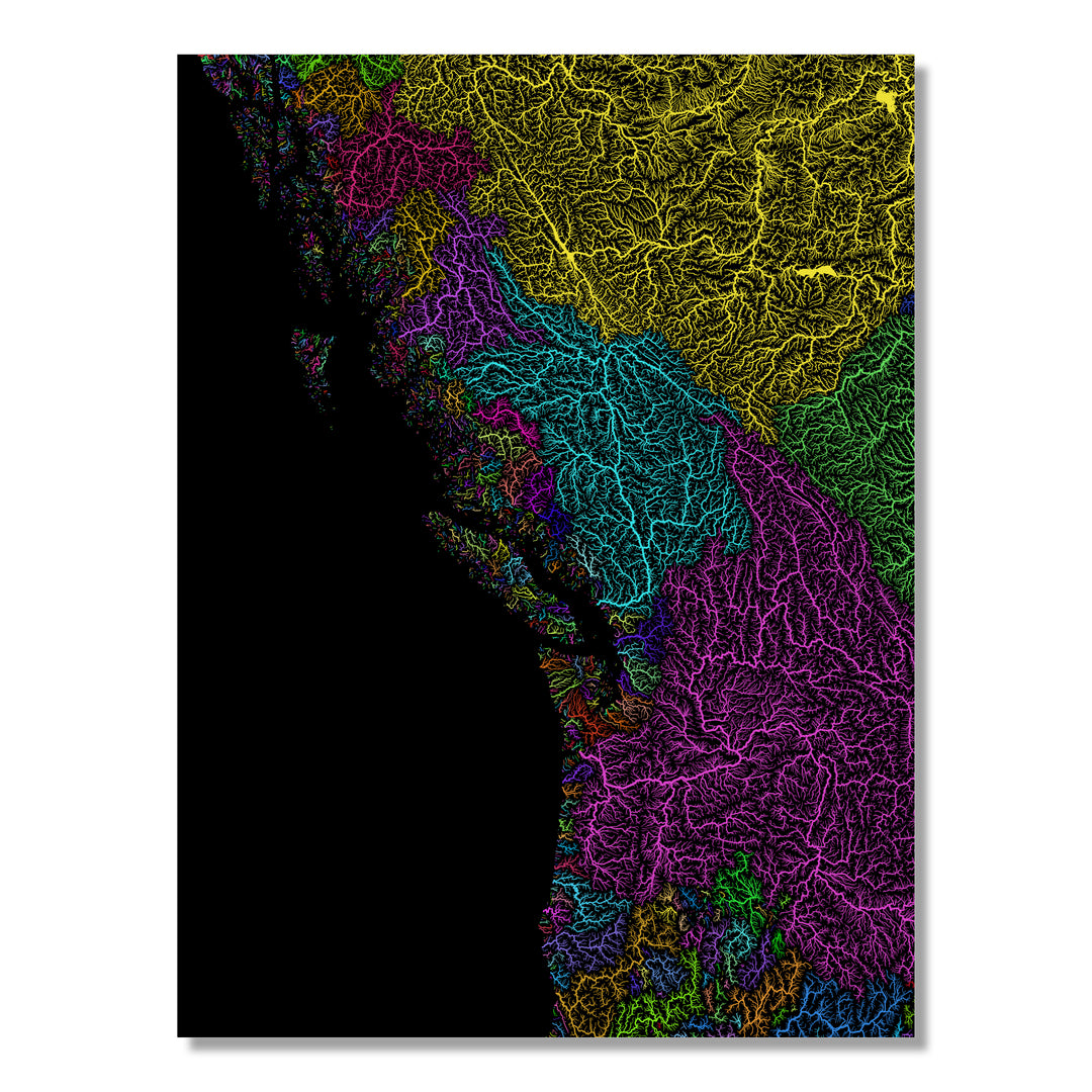 Pacific Northwest - River basin map, rainbow colours - Wall Art