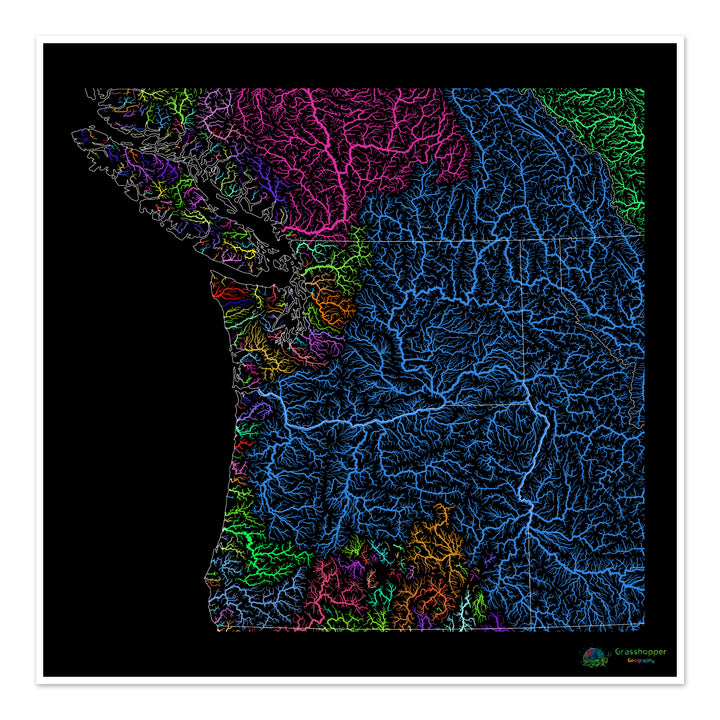El noroeste del Pacífico - Mapa de la cuenca fluvial, arco iris sobre negro - Impresión de bellas artes