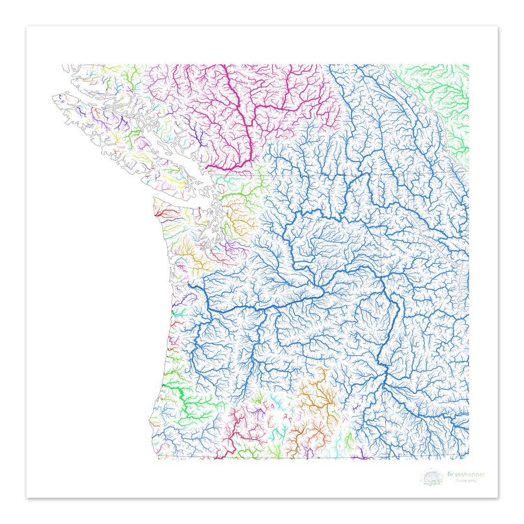 El noroeste del Pacífico - Mapa de la cuenca fluvial, arco iris sobre blanco - Impresión de bellas artes