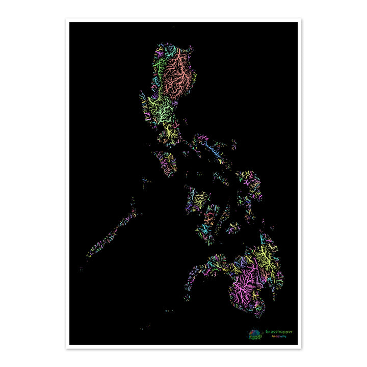 Filipinas - Mapa de la cuenca fluvial, pastel sobre negro - Impresión de Bellas Artes