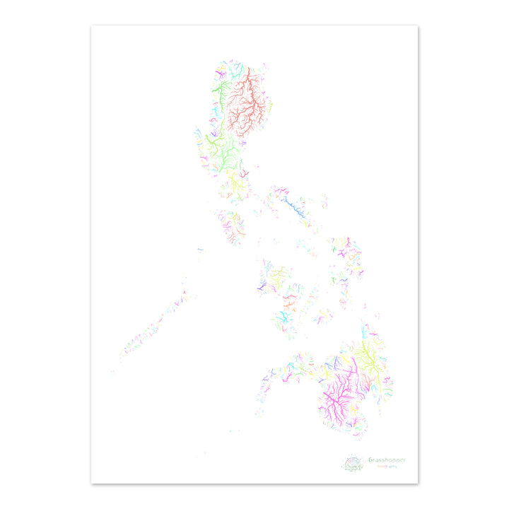 Philippines - Carte des bassins fluviaux, pastel sur blanc - Fine Art Print