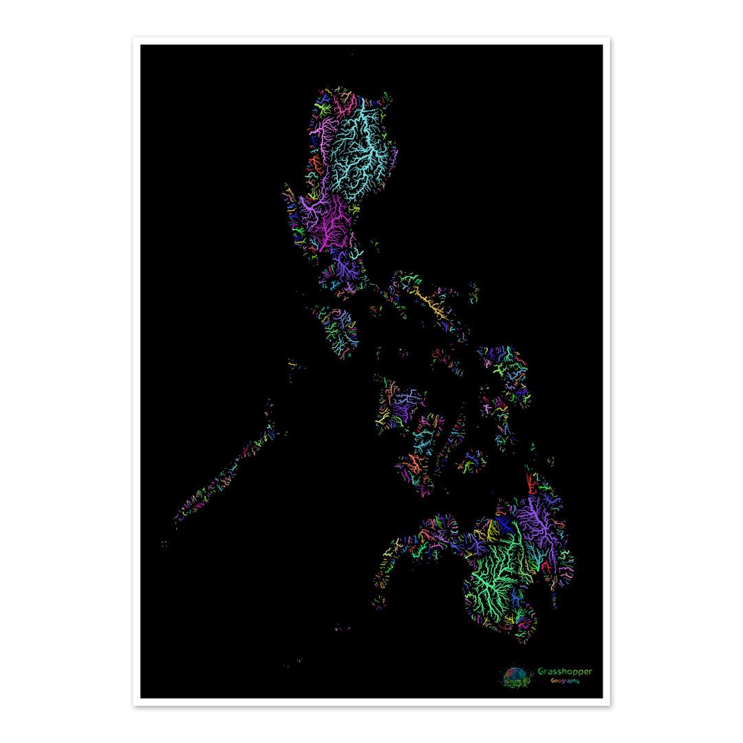 Filipinas - Mapa da bacia hidrográfica, arco-íris em preto - Impressão de belas artes