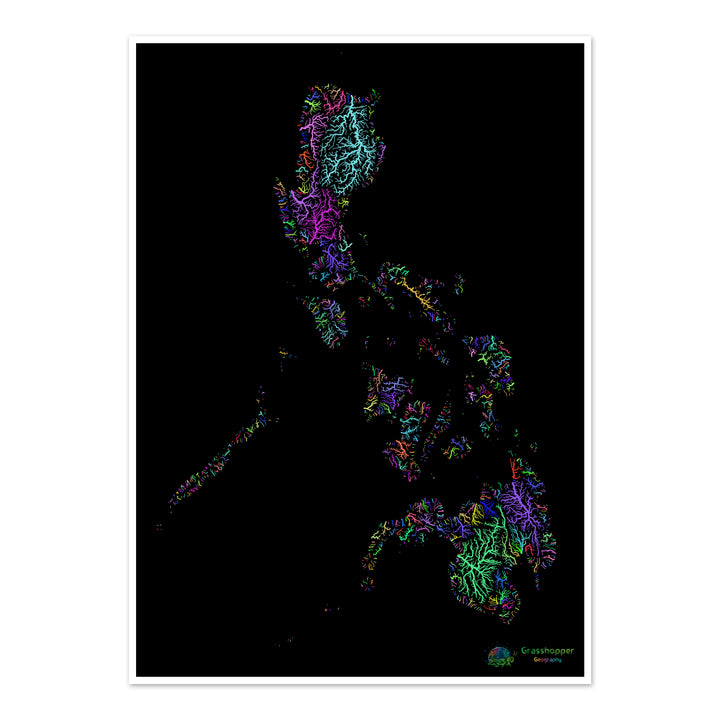 Philippines - Carte des bassins fluviaux, arc-en-ciel sur noir - Fine Art Print