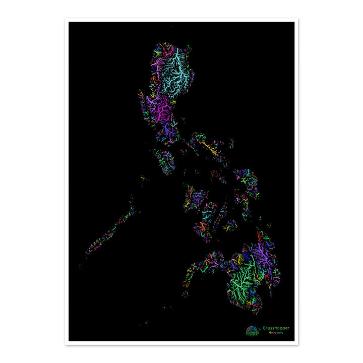 Filipinas - Mapa da bacia hidrográfica, arco-íris em preto - Impressão de belas artes