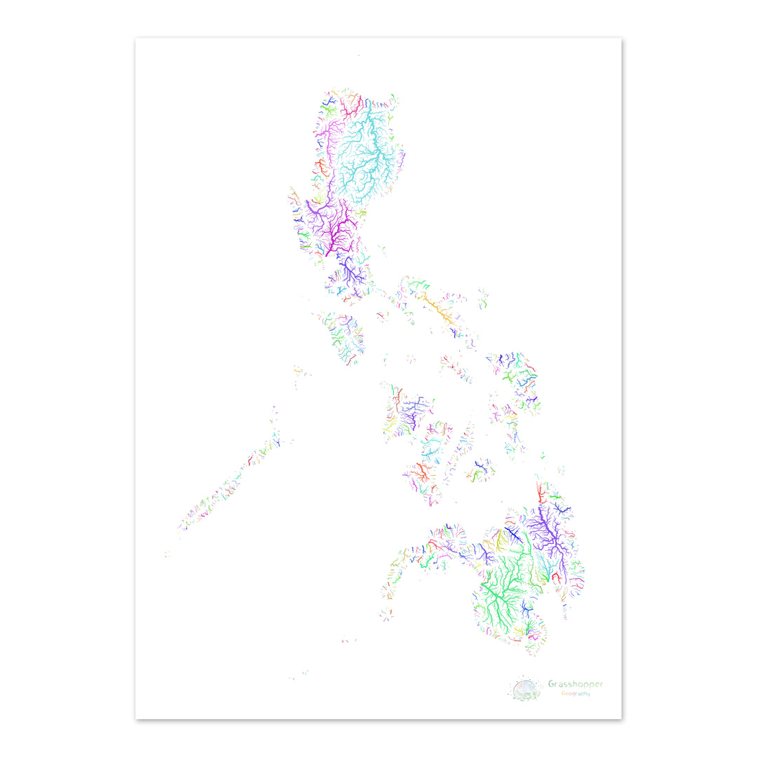 Filipinas - Mapa de la cuenca fluvial, arco iris sobre blanco - Impresión de Bellas Artes