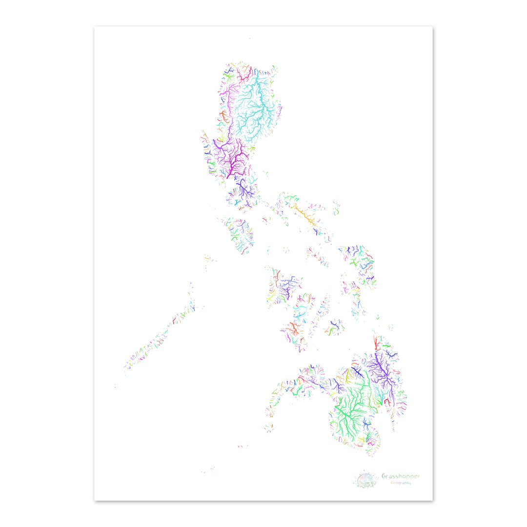 Philippines - Carte des bassins fluviaux, arc-en-ciel sur blanc - Fine Art Print