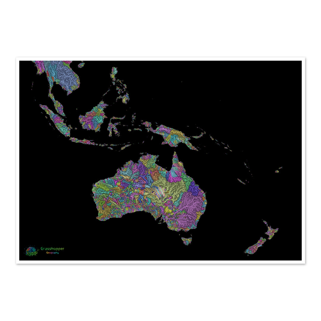 River basin map of the Southwest Pacific, pastel colours on black Fine Art Print