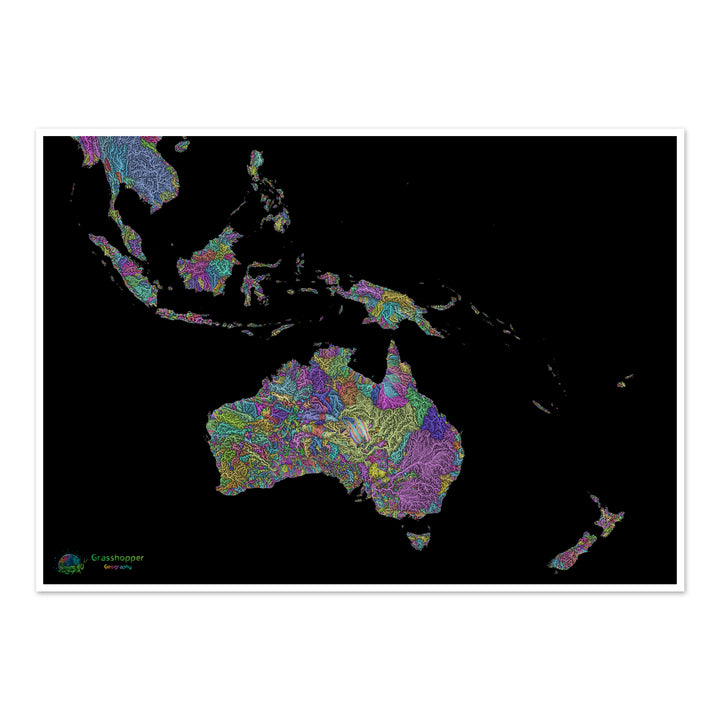 Le Pacifique Sud-Ouest - Carte des bassins fluviaux, pastel sur noir Fine Art Print