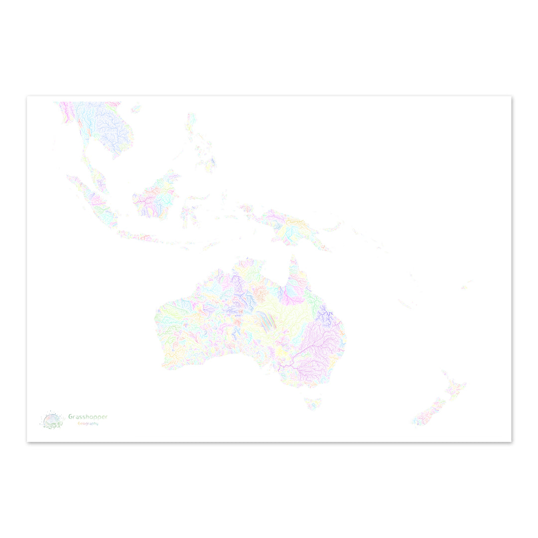 River basin map of the Southwest Pacific, pastel colours on white Fine Art Print