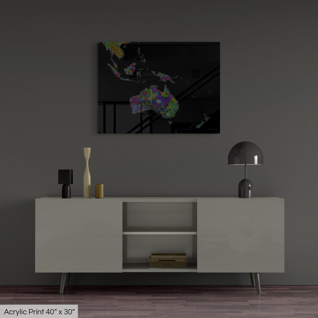 Southwest Pacific - River basin map, rainbow colours - Wall Art