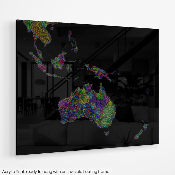 Southwest Pacific - River basin map, rainbow colours - Wall Art