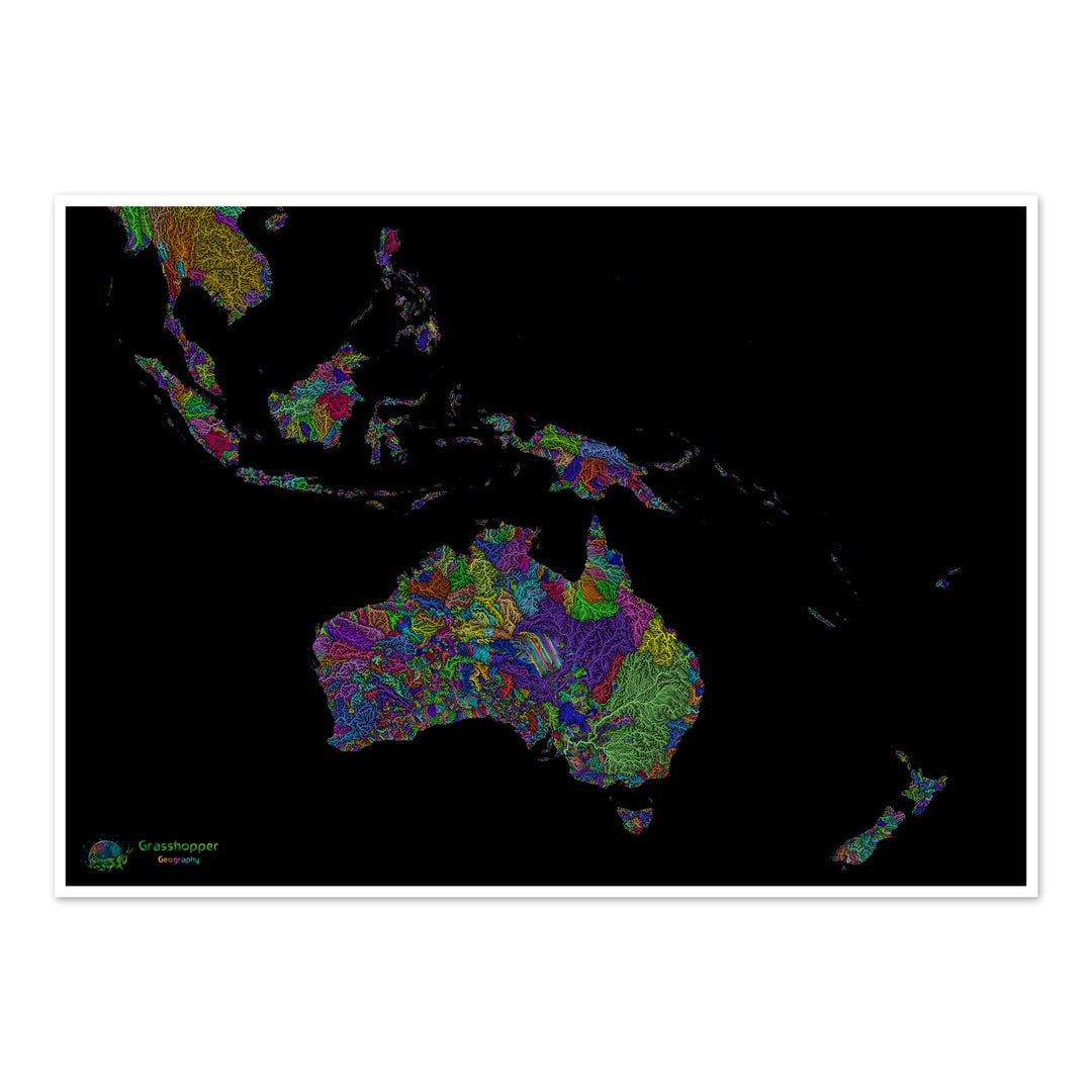 River basin map of the Southwest Pacific, rainbow colours on black Fine Art Print