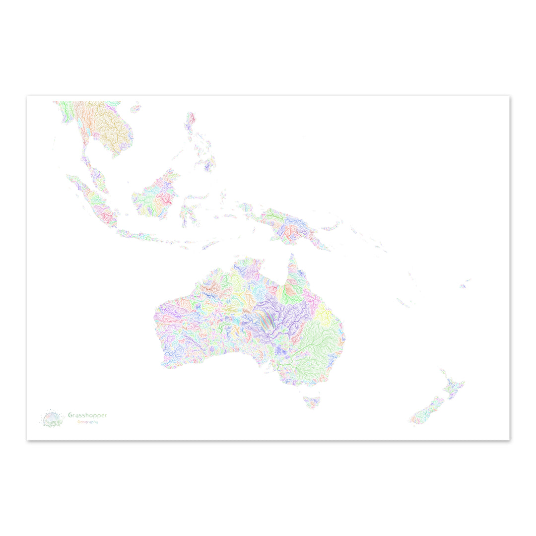 River basin map of the Southwest Pacific, rainbow colours on white Fine Art Print